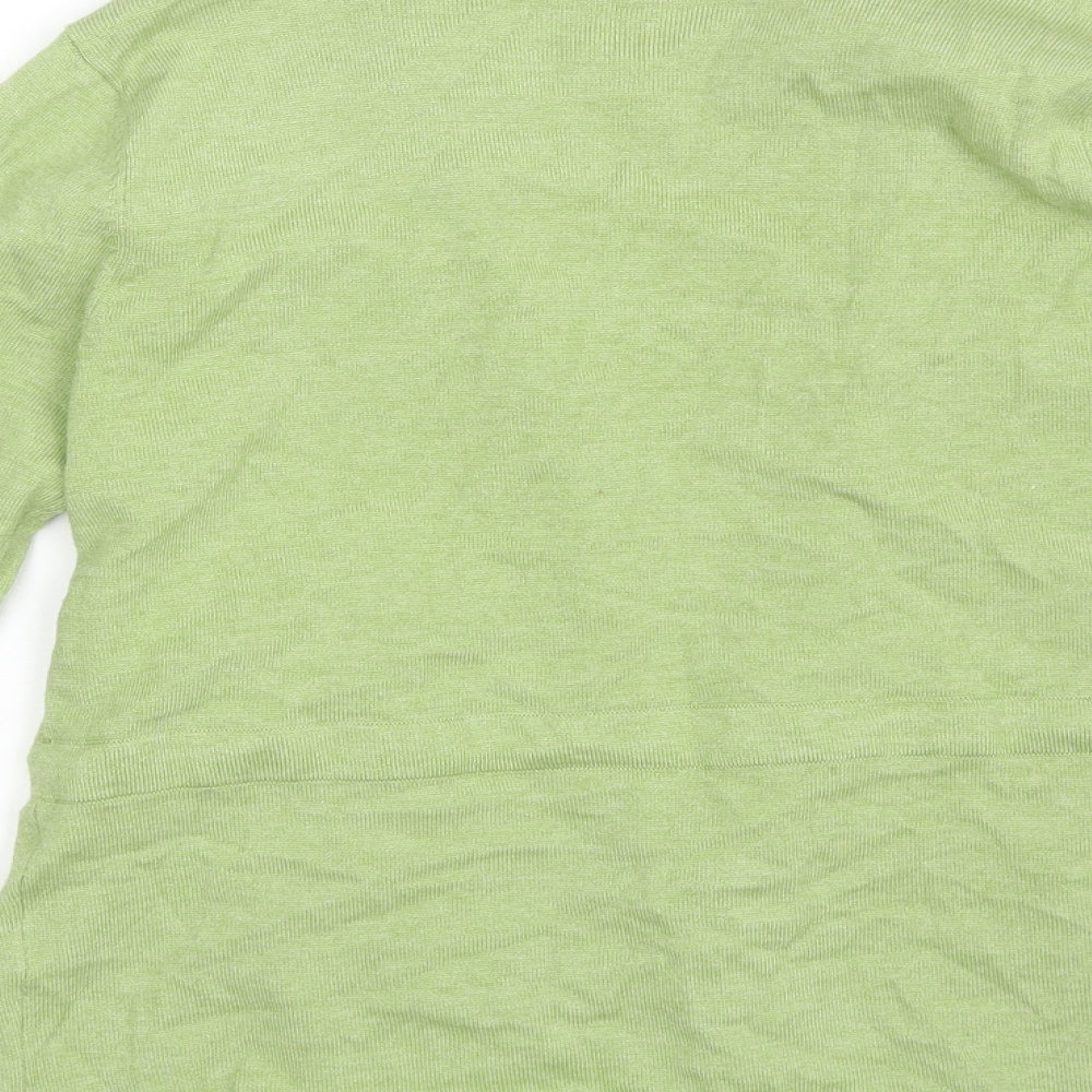 Brand and care label for B&W women’s green v-neck acrylic cardigan jumper, size L