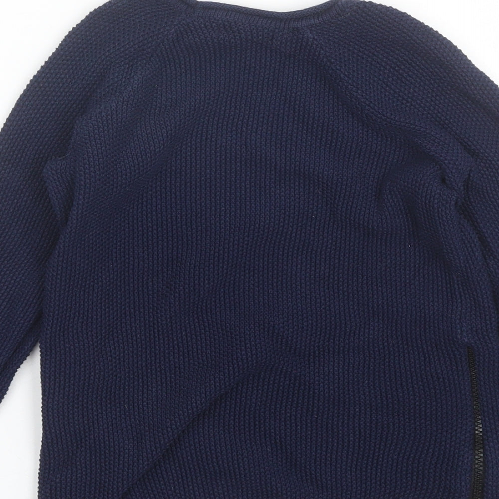Brand and care label for Primark boys’ blue round neck cotton jumper, size 7-8, years