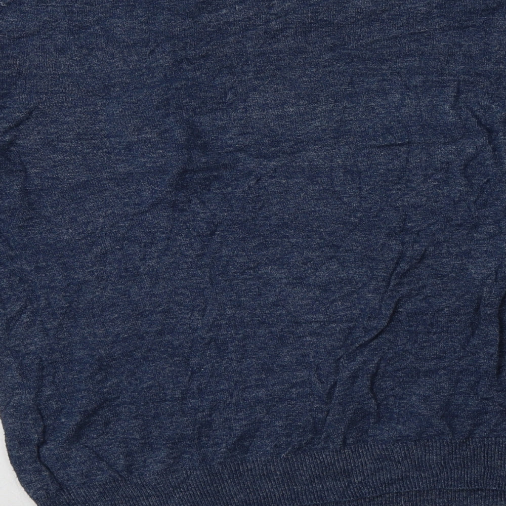 Brand and care label for H&M men’s blue v-neck cotton jumper, size S