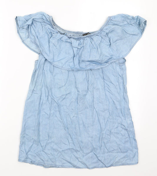 Additional front view of Quiz women’s blue basic blouse, off the shoulder - pale blue top with frill elasticated shoulders