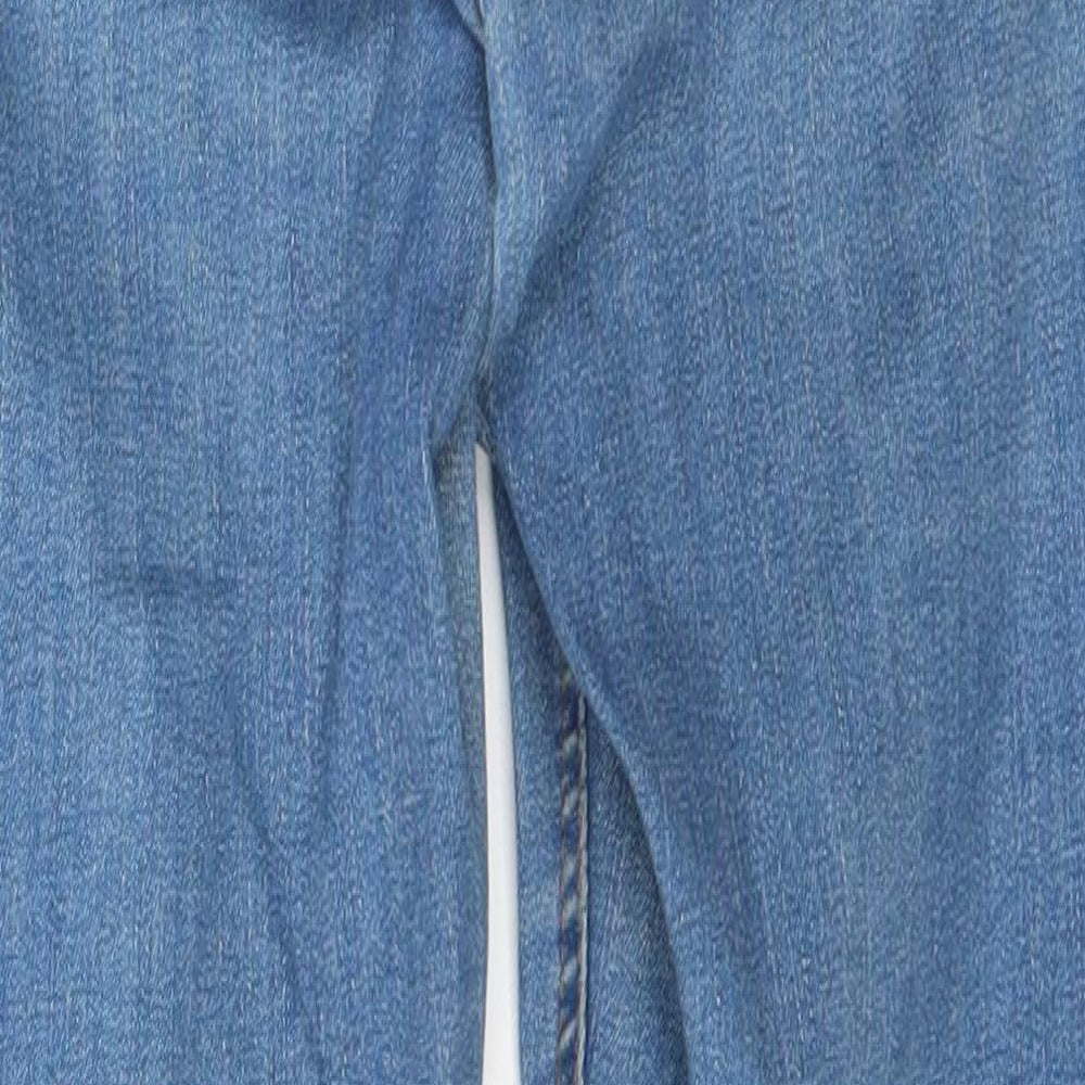 Brand and care label for Topshop women’s blue cotton straight jeans, size UK 26, in, 24-inch leg regular