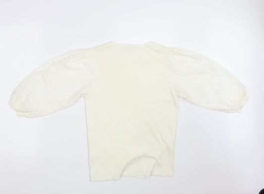 TU Womens Ivory Round Neck Floral Cotton Pullover Jumper Size 10
