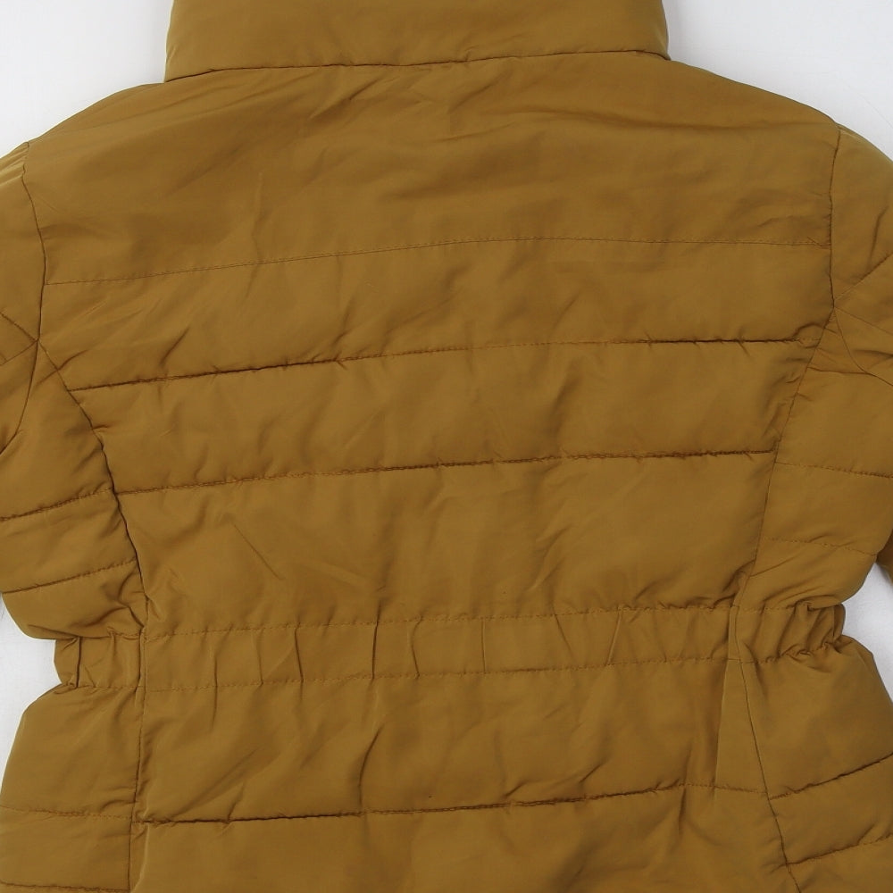 Brand and care label for New Look women’s yellow puffer jacket jacket, size UK 8