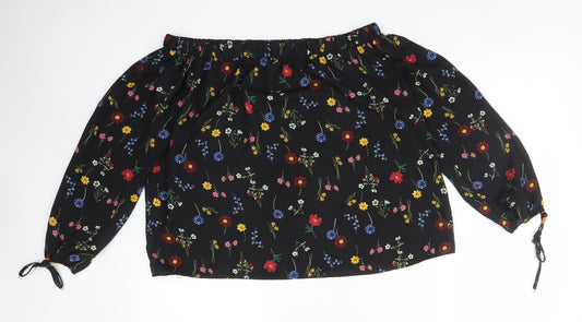 Papaya Womens Black Floral Polyester Basic T-Shirt Size 12 Off the Shoulder