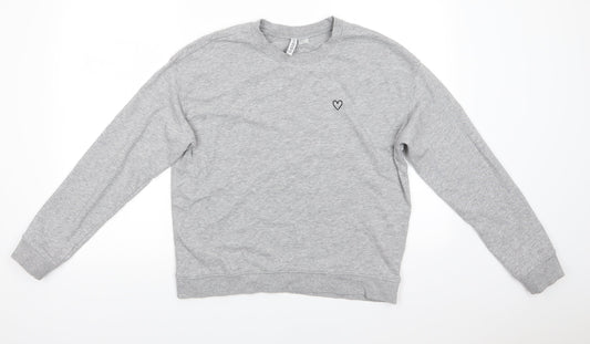 Additional front view of Divided women’s grey cotton pullover sweatshirt, size M, - mid grey mix heart logo