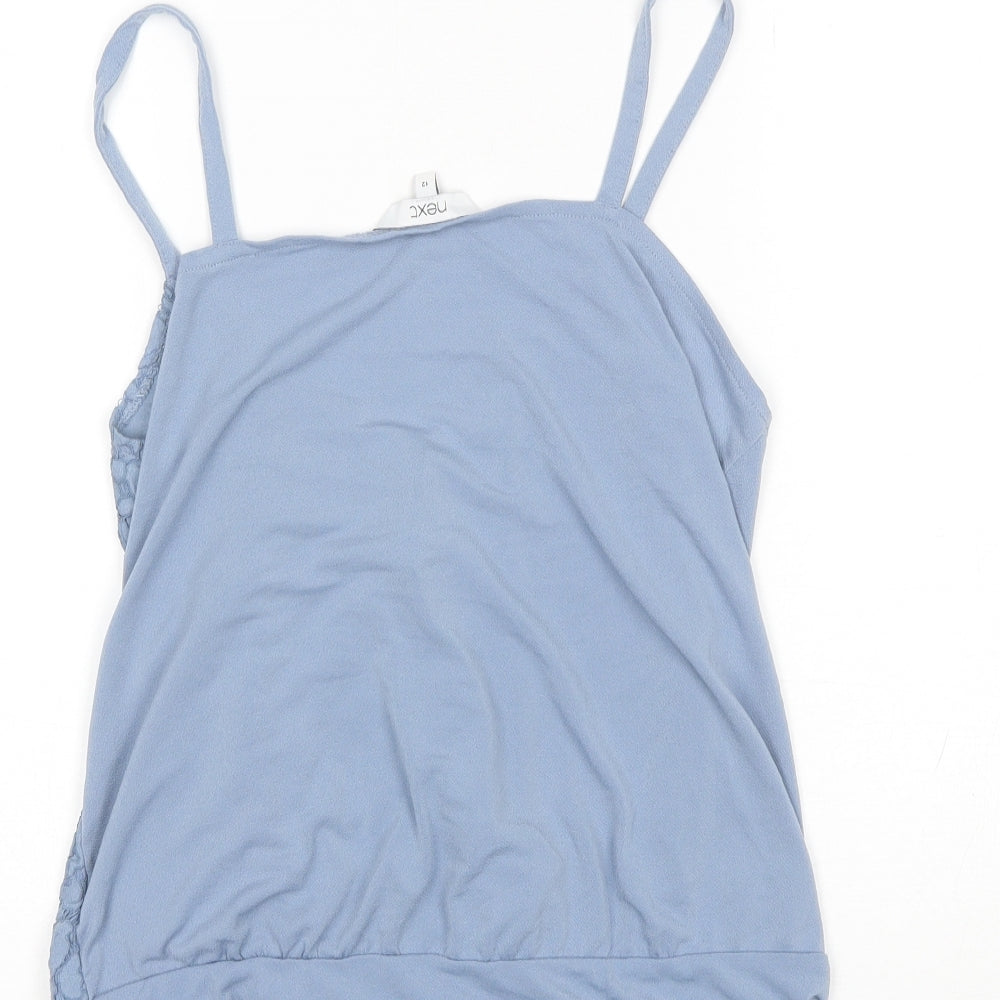 Brand and care label for Next women’s blue polyester bodysuit one-piece, size UK 12