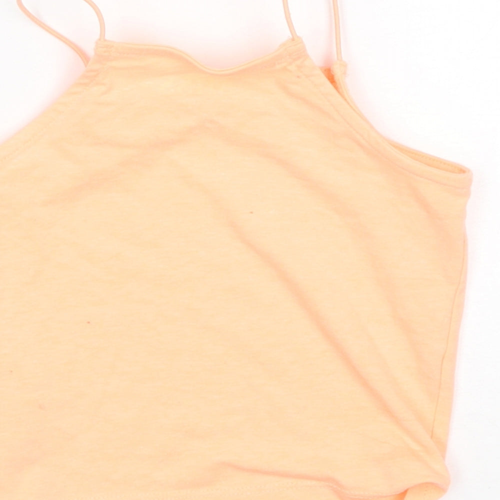 Brand and care label for Miss E-Vie girls’ orange polyester basic tank, size 7-8, years square neck