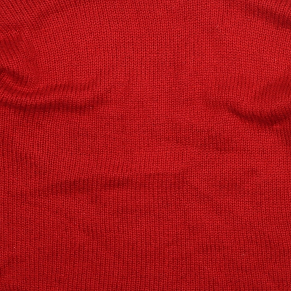 Brand and care label for Bonmarché men’s red round neck acrylic jumper, size M, - christmas penguin