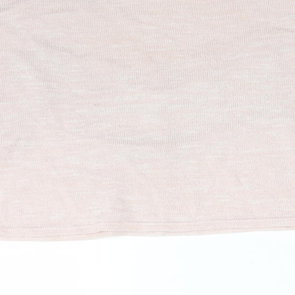 Brand and care label for H&M women’s pink polyester pullover sweatshirt, size M