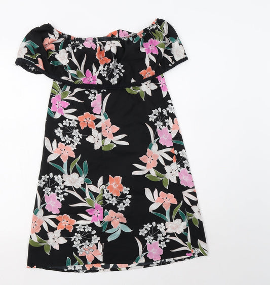 Primark Womens Black Floral Polyester A-Line Size 6 Off the Shoulder