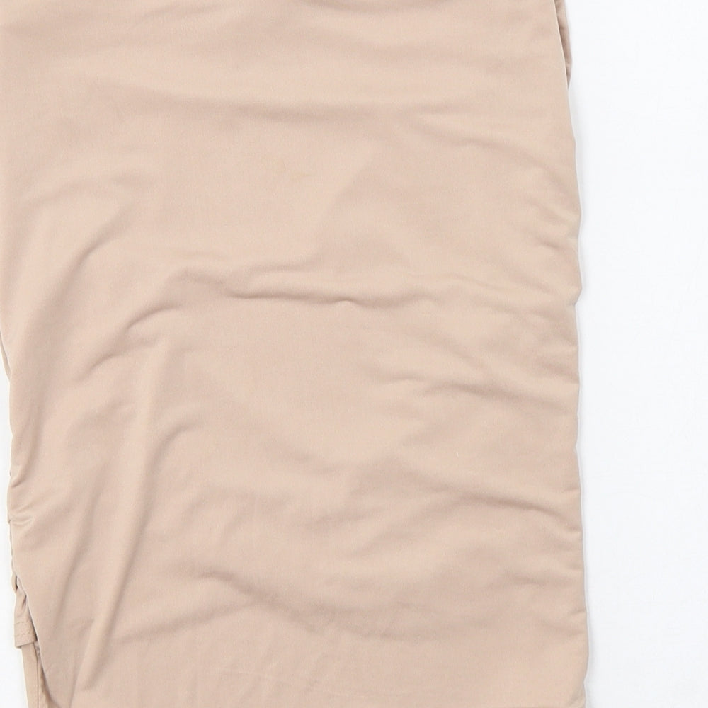 Brand and care label for Missguided women’s beige polyester mini skirt, size UK 6