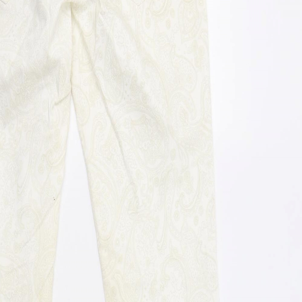 Brand and care label for Olsen women’s ivory paisley cotton skinny jeans, size UK 8, 31-inch leg regular button