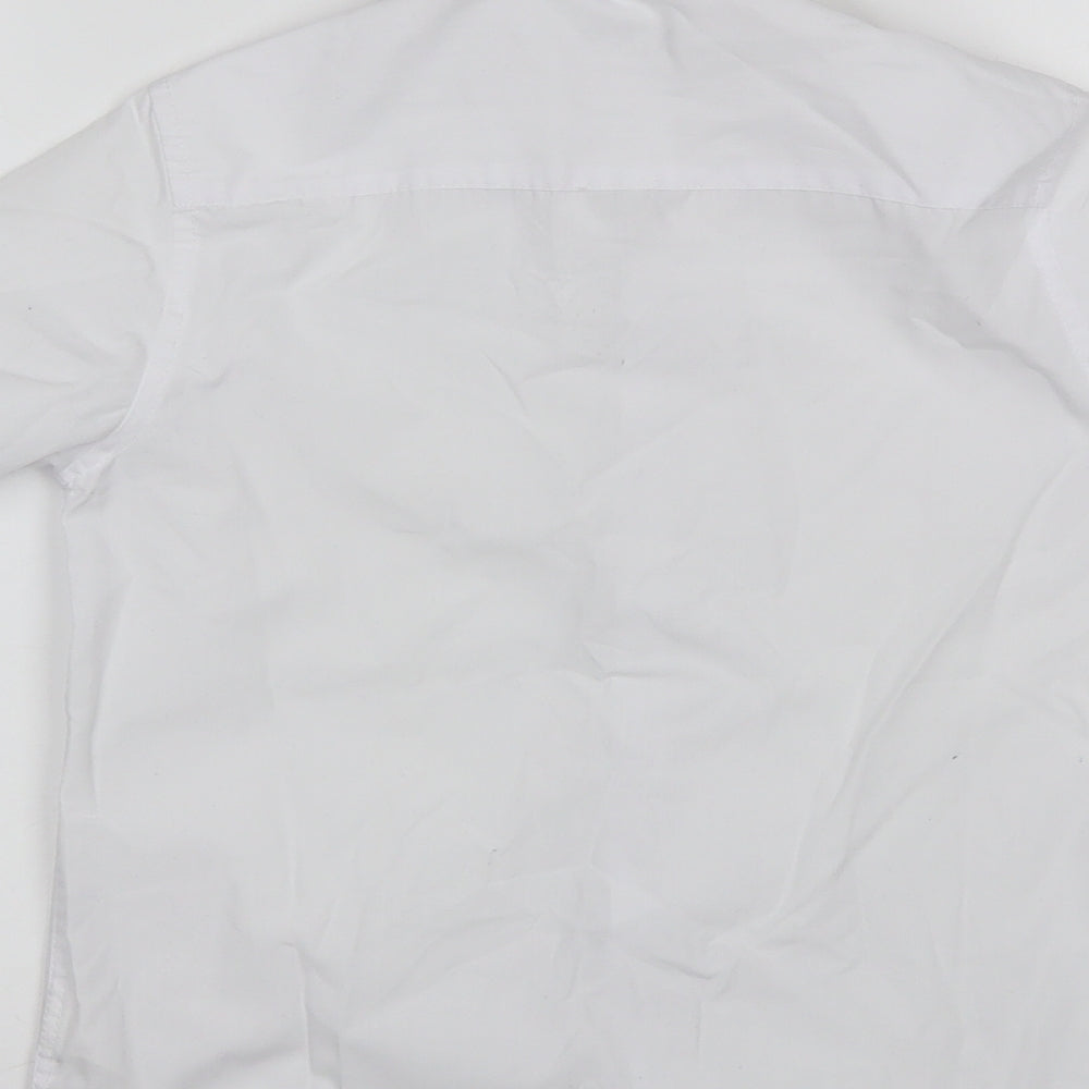 Brand and care label for Marks & Spencer boys’ white polyester basic button-up, size 8-9, years collared