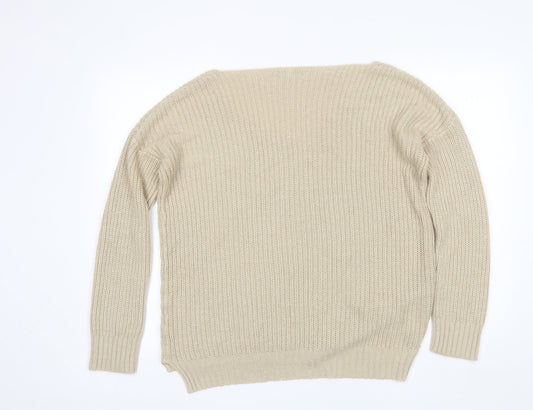 Boohoo Womens Beige Scoop Neck Acrylic Pullover Jumper Size S