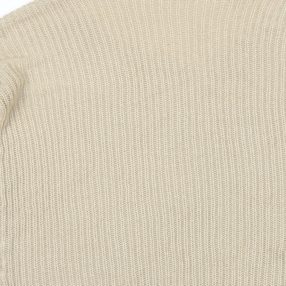 Brand and care label for Boohoo women’s beige scoop neck acrylic jumper, size S
