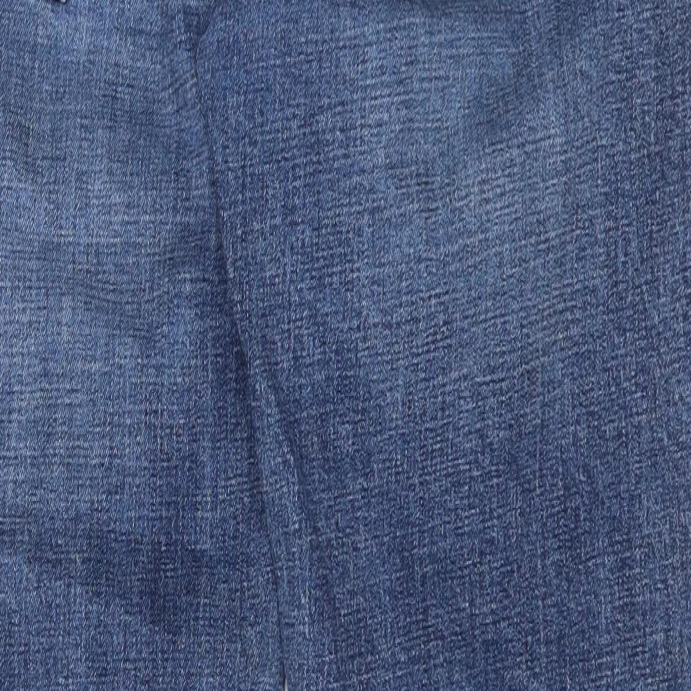 Brand and care label for Next women’s blue camel straight jeans, size UK 36, 30-inch leg slim