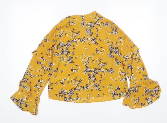 Primark Womens Yellow Floral Polyester Basic Blouse Size 8 Round Neck