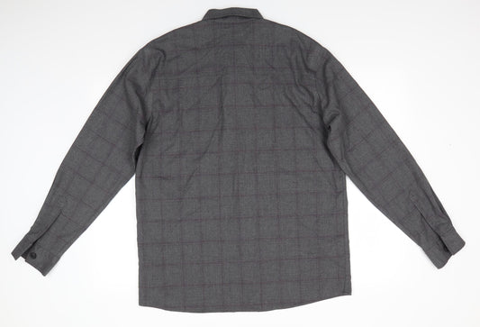 T&W by Taylor & Wright Mens Grey Check Polyester Button-Up Size L Collared Button - Dark Grey with Fine Burgandy Line checks