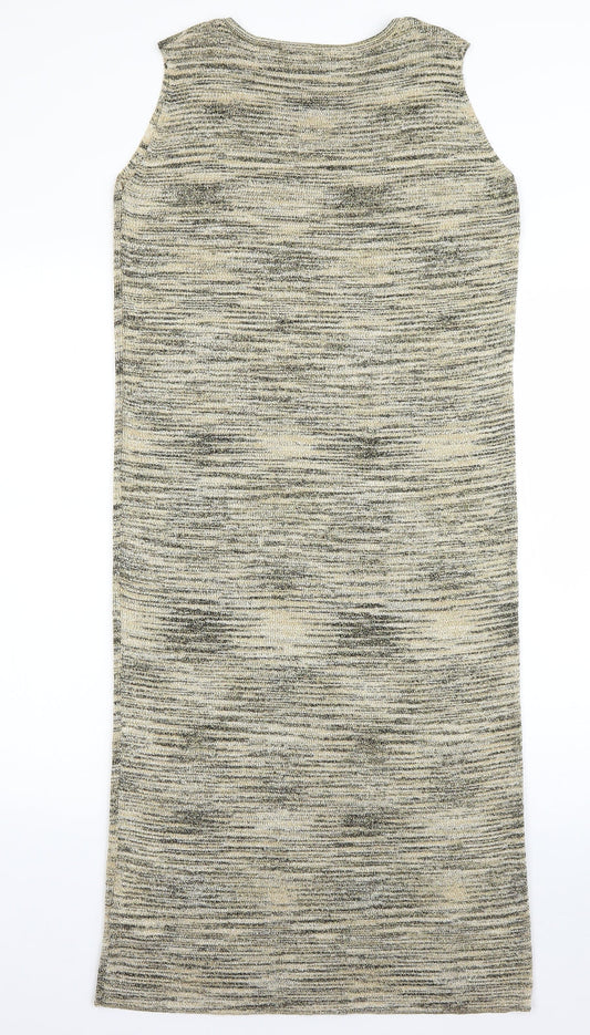 Back view of Marks & Spencer women’s gold striped polyester pencil dress, size UK 12, round neck