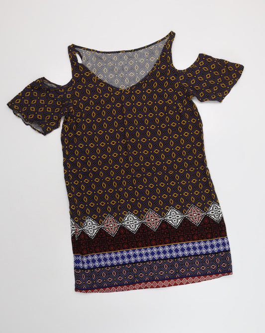 Additional front view of Matalan women’s multicoloured geometric viscose shift, size UK 10, v-neck - cold shoulder