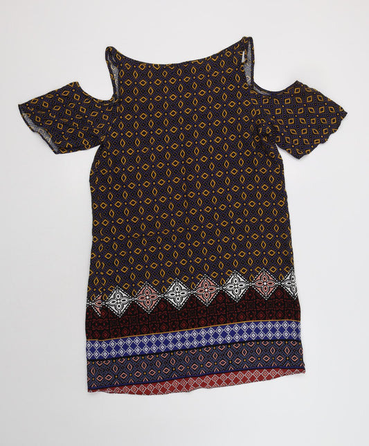 Matalan Womens Multicoloured Geometric Viscose Shift Size 10 V-Neck - Cold Shoulder