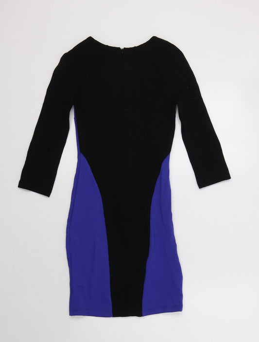 New Look Womens Black Colourblock Viscose Bodycon Size 6 Round Neck Zip