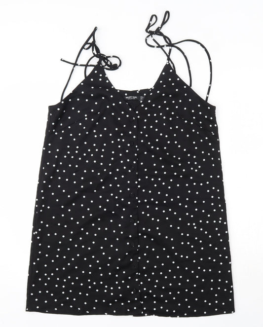 Additional front view of Nasty Gal women’s black polka dot polyester tank dress, size UK 12, v-neck