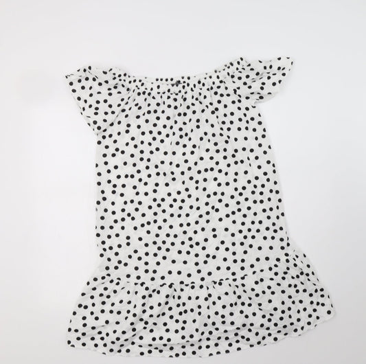 Additional front view of Papaya women’s white polka dot viscose a-line, size UK 8, off the shoulder