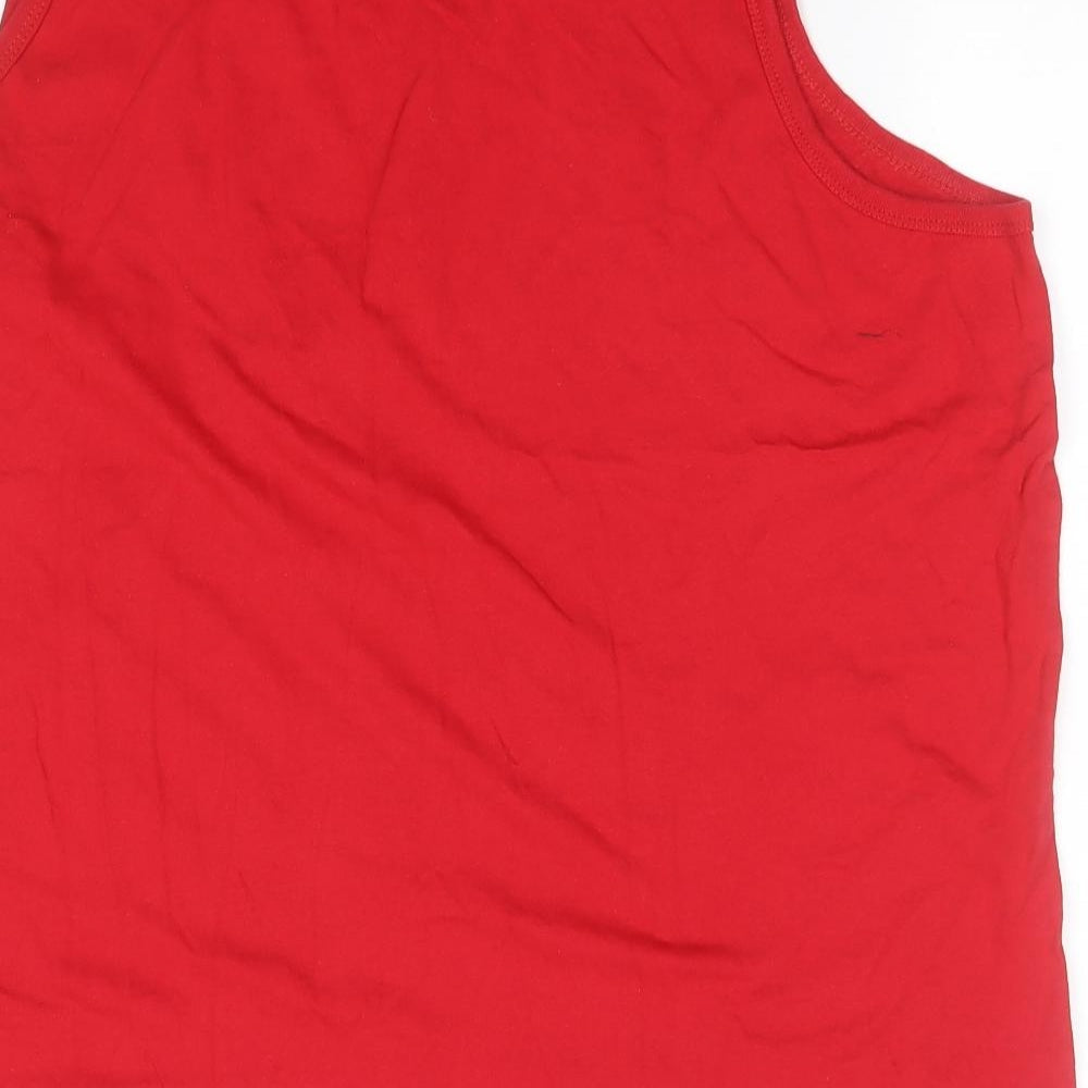 Brand and care label for Atlas men’s red cotton basic tank, size XL, round neck