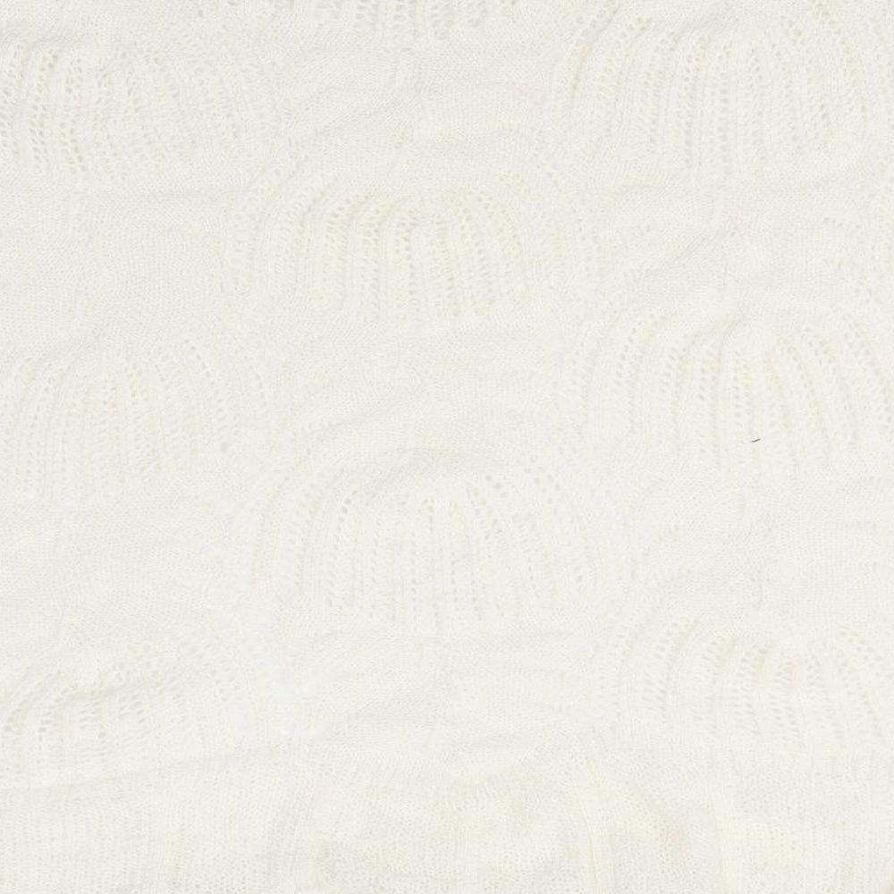 Brand and care label for David Emanuel women’s ivory round neck acrylic jumper, size M, - lace like knit ruffled edges