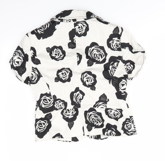 Back view of Autograph women’s ivory floral jacket, button - black rose print blouse style jacket top stitching details large