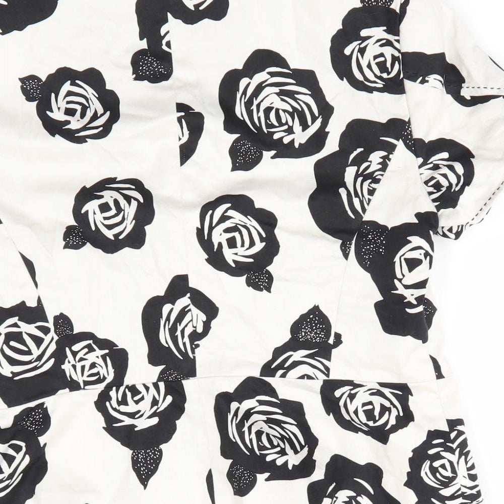 Brand and care label for Autograph women’s ivory floral jacket, button - black rose print blouse style jacket top stitching