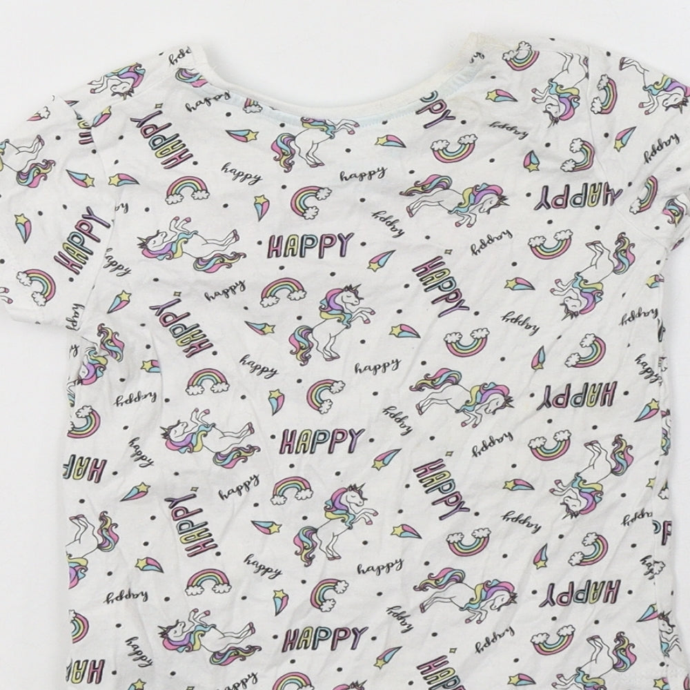 Primark Girls White Geometric Cotton Basic T-Shirt Size 3-4 Years Crew Neck - Unicorn Print