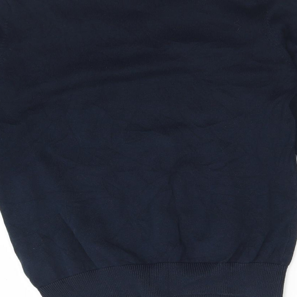 Brand and care label for Marks & Spencer boys’ blue v-neck cotton jumper, size 9-10, years
