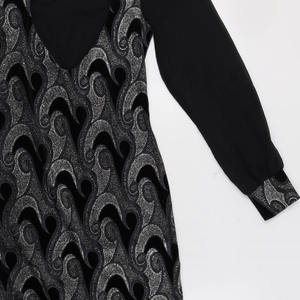 Brand and care label for Diva women’s black geometric polyester bodycon, size UK 8, round neck