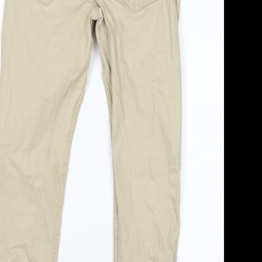 Brand and care label for Denim Co men’s beige cotton skinny jeans, size 32, 27-inch leg regular