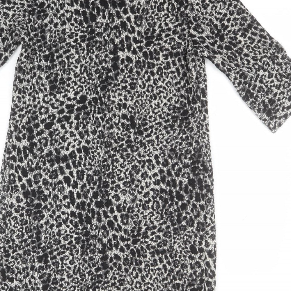 Brand and care label for Dorothy Perkins women’s grey animal print polyester pencil dress, size UK 10, round neck