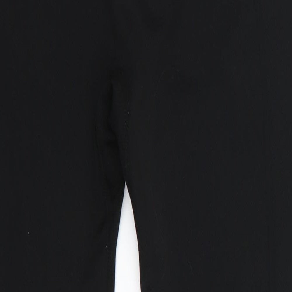 Brand and care label for WorkOut women’s black polyester cropped leggings, size L, 25-inch leg regular pullover - leggings