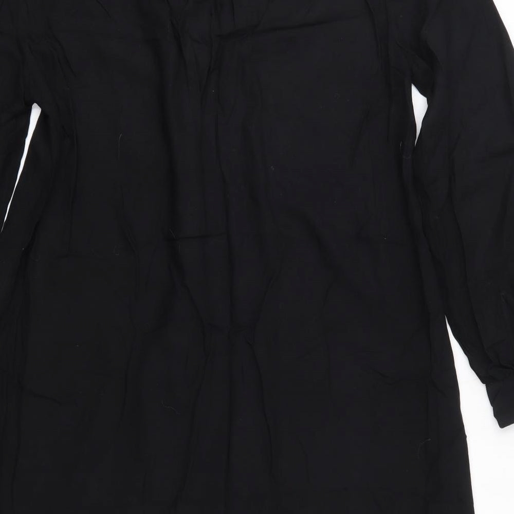 Brand and care label for H&M women’s black viscose shirt dress, size XS, v-neck