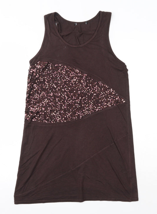 Additional front view of women’s brown viscose tank dress, size UK 10, round neck