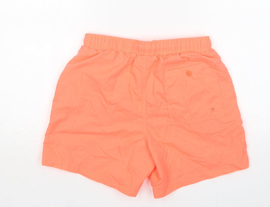 Back view of Cedarwood State men’s orange polyester athletic shorts, size S, 6-inch leg regular