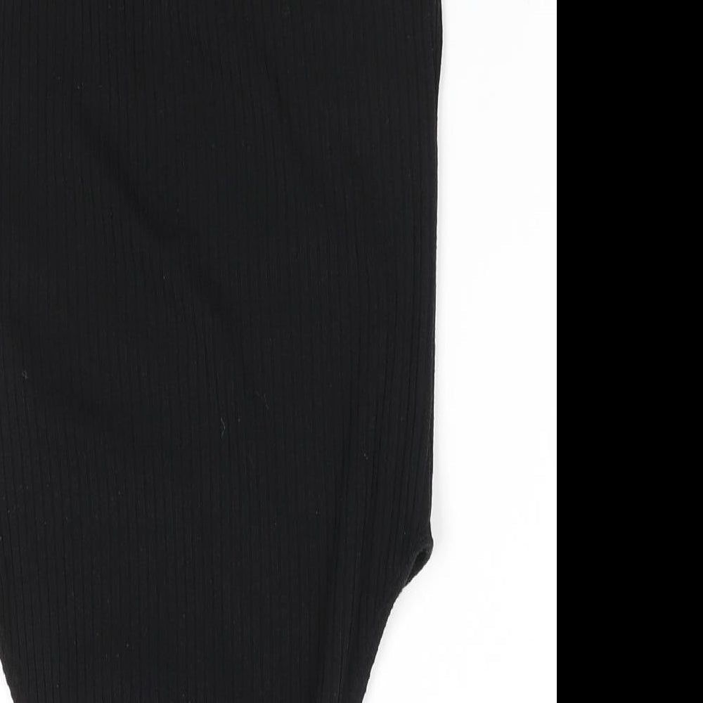 Brand and care label for Topshop women’s black viscose bodysuit one-piece, size UK 8, snap - subtle rib effect