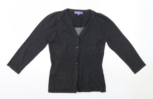 Additional front view of Autonomy women’s grey round neck cotton cardigan jumper, size UK 12