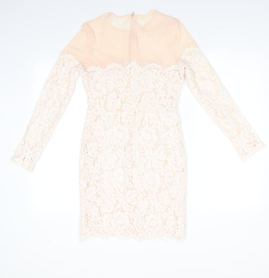 Missguided Womens Ivory Floral Polyester Bodycon Size 10 Round Neck Zip - Peach with Lace Overlay Dress Sheer Shoulders