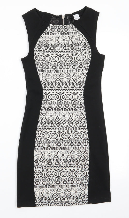 Divided Womens Black Geometric Polyester Bodycon Size 8 Round Neck Zip - Geometric panel front & back