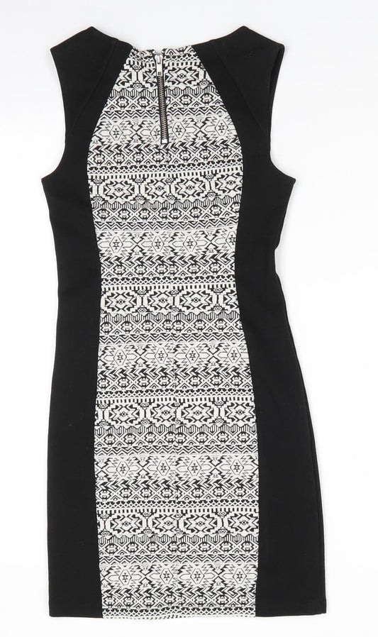 Divided Womens Black Geometric Polyester Bodycon Size 8 Round Neck Zip - Geometric panel front & back