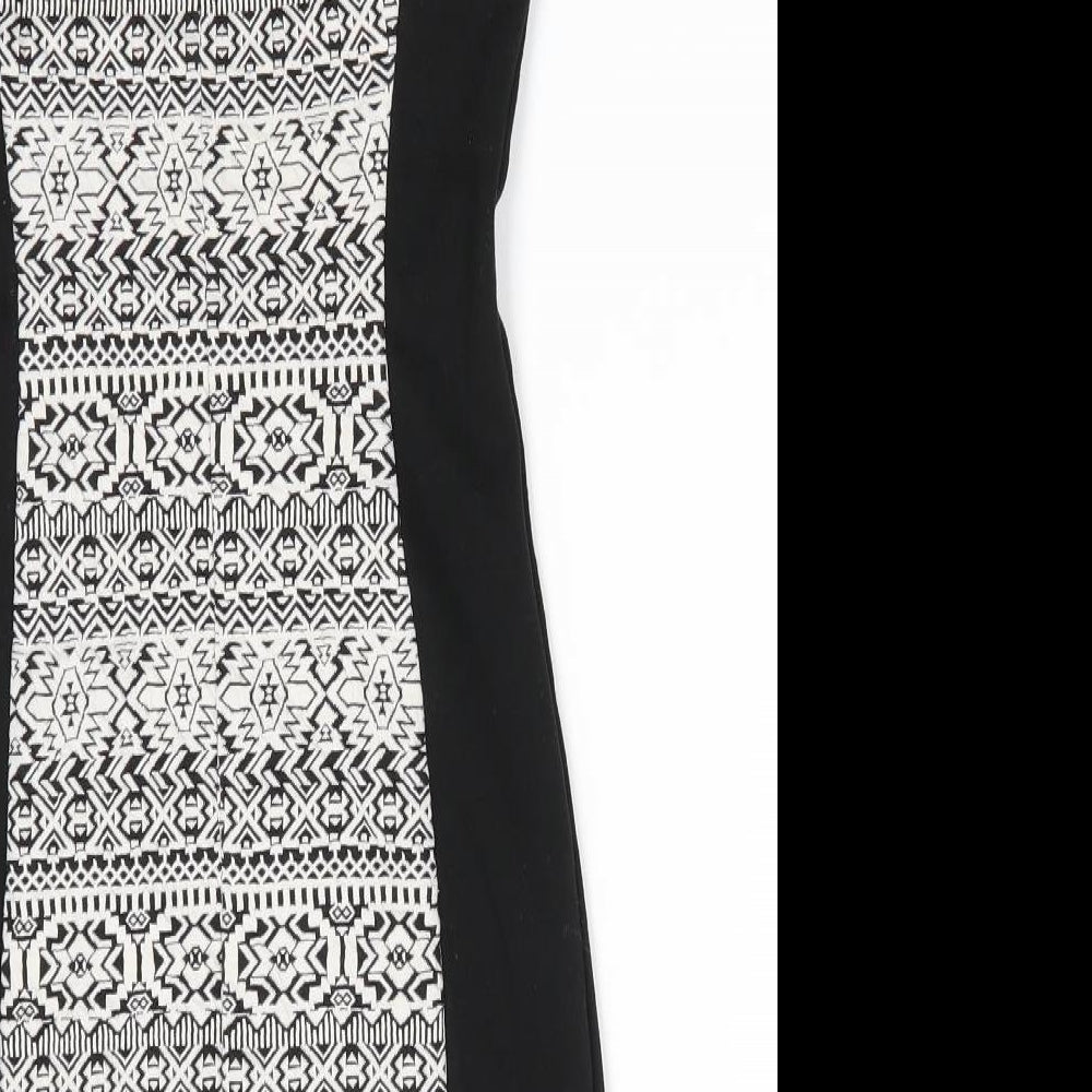 Brand and care label for Divided women’s black geometric polyester bodycon, round neck zip - geometric panel front & back