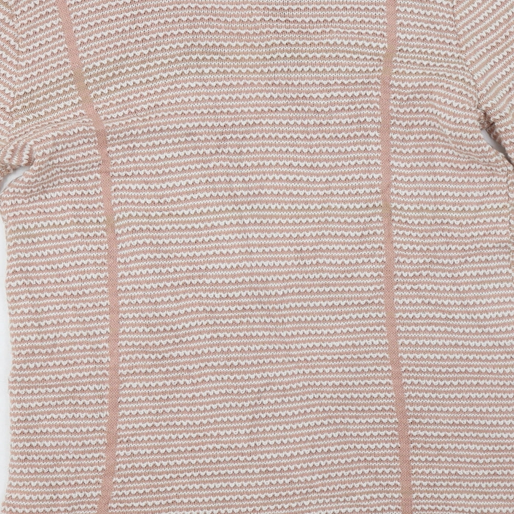 Brand and care label for Primark women’s pink round neck striped acrylic cardigan jumper, size M