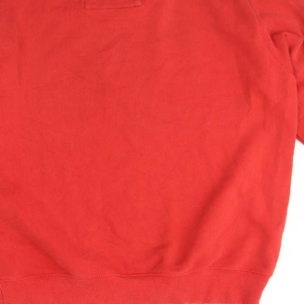 Brand and care label for Diverse men’s red round neck cotton jumper, size M