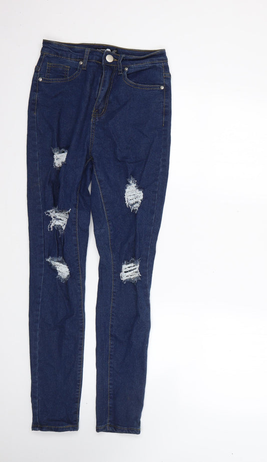 Additional front view of Boohoo women’s blue cotton skinny jeans, size UK 6, 27-inch leg regular